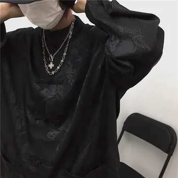 Naiste Mees Pluus Dragon Prindi Harajuku Streetwear Hiina Stiilis Seista Krae, Lukk Vintage Must Valge Särk Blusas