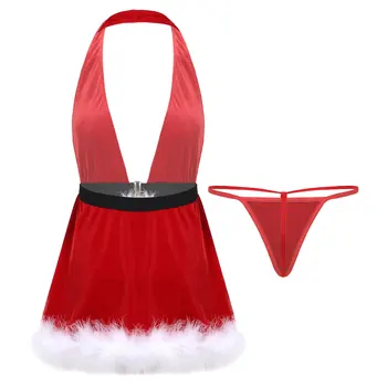 Naiste Pesu Jõulud Kleit G-String Thong Püksikud Sulg korrastamist Avatud Tagasi Päitsed Sügav V Kaela Backless Seksikas Kleit 98303