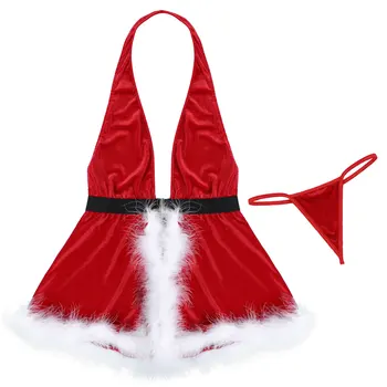 Naiste Pesu Jõulud Kleit G-String Thong Püksikud Sulg korrastamist Avatud Tagasi Päitsed Sügav V Kaela Backless Seksikas Kleit