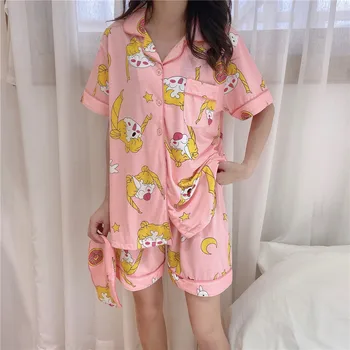 Naiste Pidžaama Komplekt Madrus Luna Pijamas Suvi Lühike Varrukas Kampsun, Homewear Kostüüm 3 tk Cartoon Kawaii Puuvillased Pidžaamad