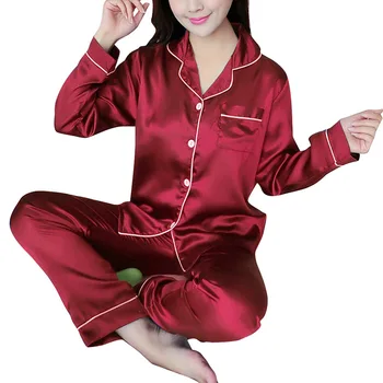 Naiste Pidžaama Komplekt Pehmete Silk Satin Turn-down) Krae Vabaaja Pjs Set Nightgowns Sleepwear Pikk Varrukas+Pikad Püksid Suurusele M-5XL