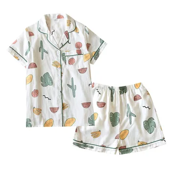 Naiste Puuvillane Homewear 2021 Uus Suvi Marli Lühikesed Varrukad Naiste Pidžaama Püksid 2tk Komplekt Cute Cartoon Trükitud Sleepwear Pidžaamad