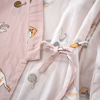 Naiste Puuvillane Pidžaama Marli Kass Prindi Sleepwear Naiste Komplektid Poole Varruka Yukata Kampsun, Pikad Püksid Imav Harajuku Nightgowns
