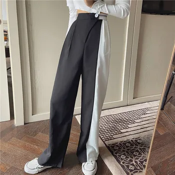 Naiste Retro Lai Jalg Püksid Suvel Juhuslik Naine Korea Kõrge Vöökoht Pikad Püksid 2021 Uus Vintage Lahti Segast Pikad Püksid
