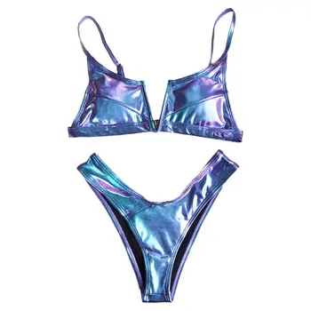 Naiste Sexy Brasiilia Bikiinid Komplekti Holograafiline Faux Nahast Metallik Ujumistrikoo Split V-Kaeluse Värvikas Kõrge Lõigatud Trikoo Beachwear