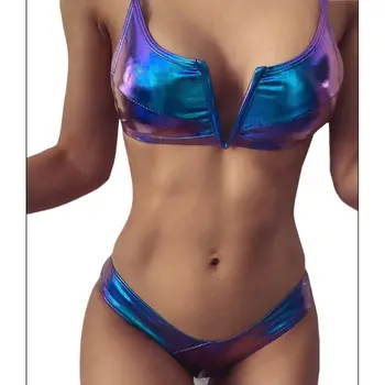 Naiste Sexy Brasiilia Bikiinid Komplekti Holograafiline Faux Nahast Metallik Ujumistrikoo Split V-Kaeluse Värvikas Kõrge Lõigatud Trikoo