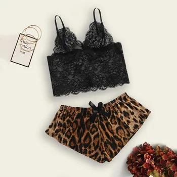 Naiste Sexy Pidžaama Komplekt Seksikas Pits Leopard Printida Pesu Sleepwear Sobiks Vabaaja Pidžaama Emane 2 Töö Nightwear Lühikesed Püksid Komplekt