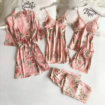 Naiste Siidist Pidžaama Seab Rinna Padjad Flower Print Pijama Sleepwear 5 tk Spagetid Rihm Satiin Kevadel Pidžaamad 2021 #T1G