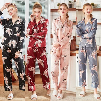 Naiste Suvine 2tk Pajama Komplekti Siid Seksikas Pluss Suurus V-Kaeluse Pidžaama Naine Satiin Prindi Homewear Õhuke Pikk Varrukas Pijama Nightwear