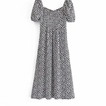 Naiste Suvine Vintage Print Kleit 2021 ZA Lühikesed Varrukad, V-Kaelus Kõrge vöökoht Naine Elegantne Keskel Vasikas Kleidid Vestidos Riided