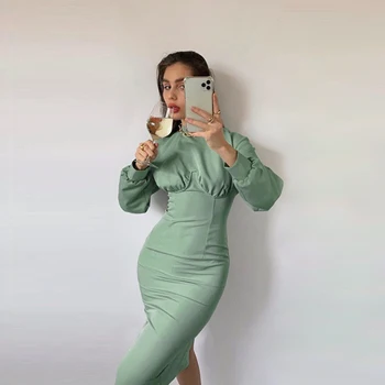 Naiste Vitnage Plisseeritud Mantel Slim Pool Kleit Pikk Varrukas Seista Krae Tahke Elegantne Vabaaja Keskel Kleit 2021 Kevadel Moe Kleit