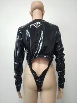 Naiste Wetlook Bodysuit Öö Clubwear Patendi pvc võlts Nahast Ees Tõmblukk Õõnes Läbi Kõrge Leg Tükeldatud Thong Leotard Bodysuit Hüppeid