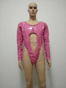 Naiste Wetlook Bodysuit Öö Clubwear Patendi pvc võlts Nahast Ees Tõmblukk Õõnes Läbi Kõrge Leg Tükeldatud Thong Leotard Bodysuit Hüppeid
