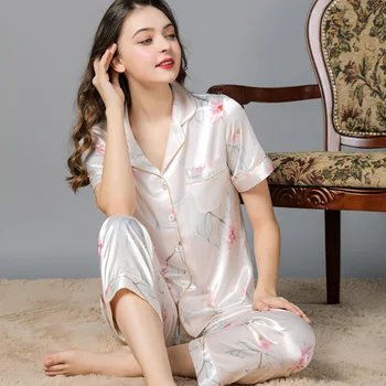 Naiste siidist pidžaama lühikesed varrukad trükitud jää silk juhuslik naine pijama komplekt