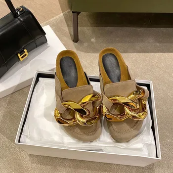 Naiste sussid, pool sussid, naiste välimine kanda, mood nahast paks-baseeruv Muller laisk kingad, suur kuld kett kingad