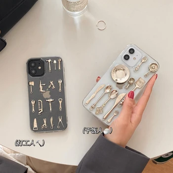 Naljakas 3D-Köök nuga Telefon Case For iphone 12 Pro MAX 11 XR X XS Max 7 8 Plus Armas Loovust Mini Söögiriistad tööriista Komplekt Pehme Kate
