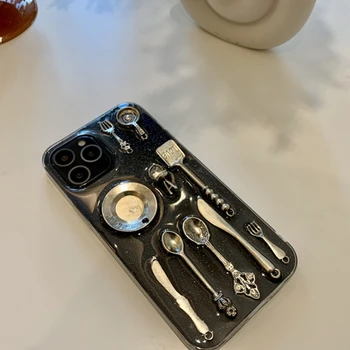 Naljakas 3D-Köök nuga Telefon Case For iphone 12 Pro MAX 11 XR X XS Max 7 8 Plus Armas Loovust Mini Söögiriistad tööriista Komplekt Pehme Kate