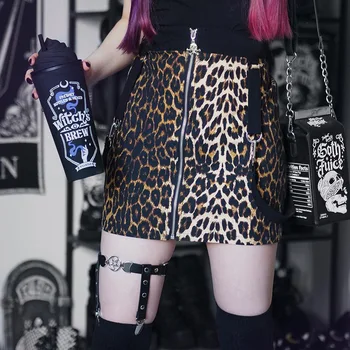 Neongirl Leopard Zip Kuni Gooti Rihm Seelikud Naiste Sexy Wild Elastne Kõrge Vöökoht Sirge Seksikas Miniskirts Kolju Streetwear