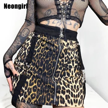 Neongirl Leopard Zip Kuni Gooti Rihm Seelikud Naiste Sexy Wild Elastne Kõrge Vöökoht Sirge Seksikas Miniskirts Kolju Streetwear