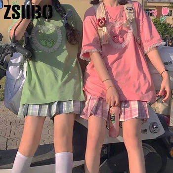 O-kaelus T-särk naiste jaapani Harajuku stiilis Magus Tüdrukud Tops tee E-tüdruk Y2K riided Suve tänav Kirsi Prindi Pits Lühikesed Varrukad 56483