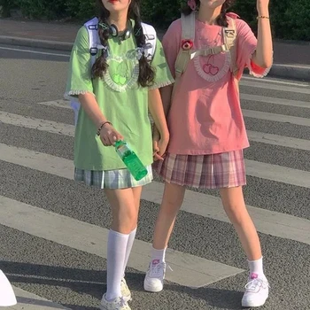 O-kaelus T-särk naiste jaapani Harajuku stiilis Magus Tüdrukud Tops tee E-tüdruk Y2K riided Suve tänav Kirsi Prindi Pits Lühikesed Varrukad