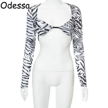Odessa Seksikas Zebra Print Pikad Varrukad Crop Top Korsett Y2K Silmadega Näha Läbi Klubi Naiste Slim Low Cut Tshirt Suvel Tees Mood 2021