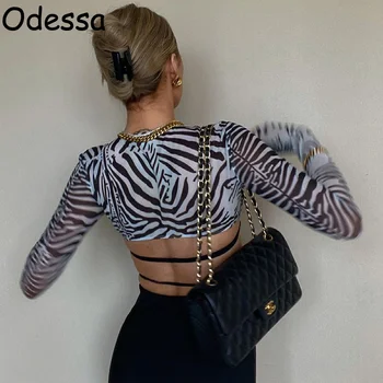 Odessa Seksikas Zebra Print Pikad Varrukad Crop Top Korsett Y2K Silmadega Näha Läbi Klubi Naiste Slim Low Cut Tshirt Suvel Tees Mood 2021