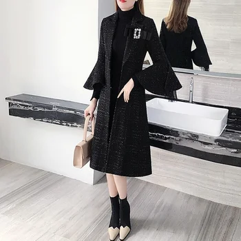 Office Lady Must Tweed Mantel Naiste 2021 Uus Sügis Ja Talve Riided korea Slim Mood Villane Mantel Keskmise Pikk Stiil