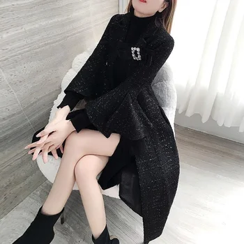 Office Lady Must Tweed Mantel Naiste 2021 Uus Sügis Ja Talve Riided korea Slim Mood Villane Mantel Keskmise Pikk Stiil