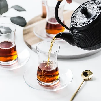 PASABAHCE Türgi Musta Tee Cup & Alustass Määrab Vee Tilk Kohvik Bohea Teacup Espresso Kohvi Plaadi Komplekt kuumuskindlast Klaasist Trummel