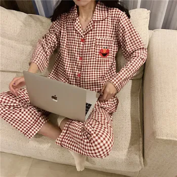 Paar ruuduline cartoon tikandid kevad sügis pajama set naised mehed homewear korea pikk sleve blusas pidžaamad püksid püksid Y914