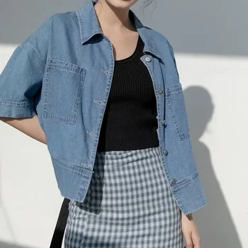 Pluss Suurus Basic Jakid Naiste Denim Retro Mood Suvel Streetwear Tahke Korea Põllukultuuride Vabaaja Harajuku Ülerõivad Lihtne Lahti