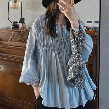 Pluus Naiste Jaapani Stiilis Tahked Värvi Vintage Elegantne Prantsuse Shirring Poole Avatud Krae Daamid Lihtne Lahti Tops Retro Populaarne