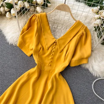 Prantsuse Vintage Naiste Suve Kleit Valge V-Kaelus Lühikesed Varrukad Kõrge Vöökoht Elegantne Midi Kleidid Naine 2021 Magus Sundress Coisini