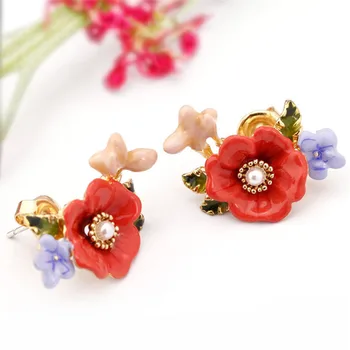 Prantsuse pisi-bourgeois mood emailiga glasuur roosa lillega kõrvarõngad tsirkoon kullatud rohelised lehed, pojeng naine 925 hõbedast kõrvarõngad