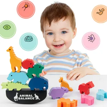 Puidust Ehitusplokid Mänguasjad Lastele Montessori Beebi Varajase Hariduse Loomade Dinosaurus Tunnetus Tasakaalu Blokeerida Mänguasi Lastele Kingitus