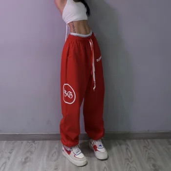 Punane Spordi Püksid Naiste Hip-Hop Lahti Pahkluu Banded Püksid Jazz Hip-Hop Kõrge Vöökoht Vabaaja Sweatpants Laotud Püksid Naiste Streetwear