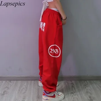 Punane Spordi Püksid Naiste Hip-Hop Lahti Pahkluu Banded Püksid Jazz Hip-Hop Kõrge Vöökoht Vabaaja Sweatpants Laotud Püksid Naiste Streetwear