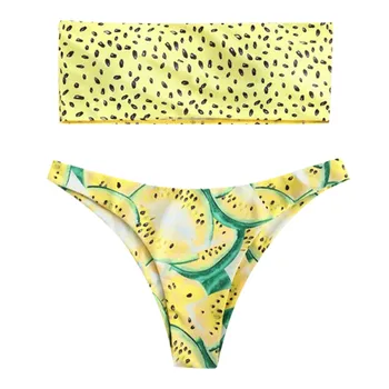 Puu-print Bikiinid 2021 Supelrõivad Naiste Kõrge Vöökoht Olkaimeton Sexy Bikini set Naiste Ujumistrikoo Polsterdatud trikoo Traje De Baño 3