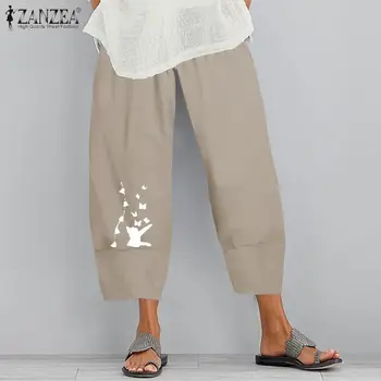 Puuvill Pantalon Palazzo Naiste Suvel Haaremi Pükste 2021 Elastne Vöökoht Cartoon Trükitud Püksid ZANZEA Vabaaja Looes Naeris Culottes