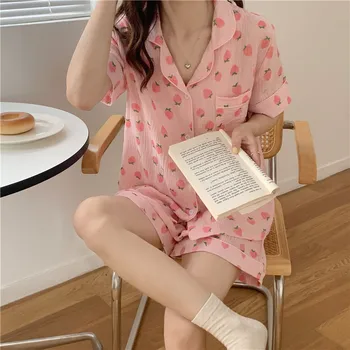 Puuvill maasika pidžaama komplekt suvel sleepwear naised 2-osaline komplekt, kodu riided lühikese varrukaga pluus, lühikesed püksid loungwear set Y597