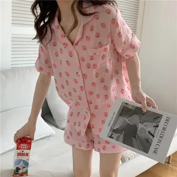 Puuvill maasika pidžaama komplekt suvel sleepwear naised 2-osaline komplekt, kodu riided lühikese varrukaga pluus, lühikesed püksid loungwear set Y597