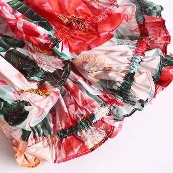 Puuvillane Kevad-Suvel Naise Ülikond Punase Camellia Prindi Lühikese Varruka lühike Top + High-Talje Seelik puhkust Mood lady ülikond