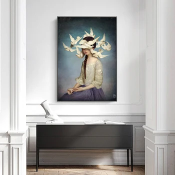 Põhjamaade Kaasaegse Sõlmitud Joonis Maali Valge Tuvi Tüdruk Lõuendile Maali elutoas Kodu Kaunistamiseks Pilt(raamita)