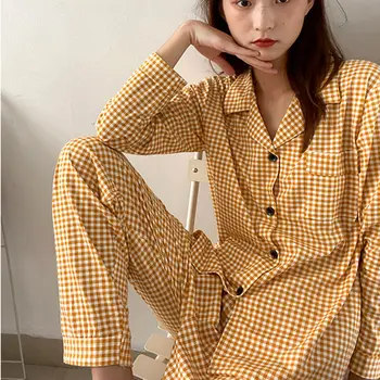 QWEEK korea Homewear Naiste Tüdrukute Ruuduline Pidžaama Kevad Sügis 2021 Pidžaamad Kollane Pijamas Kahe-osaline Komplekt, Nightwear Lounge Kanda