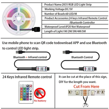 RGB 5V USB 2835 LED Light Strips Bluetooth Kontroll Infrapuna Paindlik Lindi Diood Teenetemärgi Taust Lamp TV Festival Magamistuba