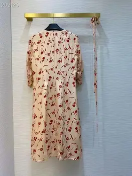 Raja Moe Silk Naiste Kleit 2021 Kõrge Kvaliteediga V-Kaeluse Flower Print Elegantne Vöö Põlvikud Partei Puhkus Siidist Kleit