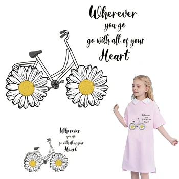 Raud üleandmise rõivaste daisy lill jalgratta plaaster raud plaastrid T-särk vinüül üleandmise kleebised vajutage trükitud embleem