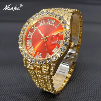 Relógio luxo homem MISSFOX Kuld Punane Mees Ice-Watch Out Teemant Mood Meeste Auto Kalender Jaapani Mvmt Käekellad Kvartsist 2021