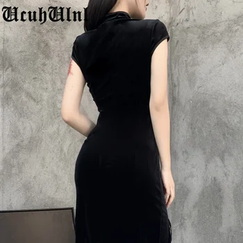 Retro Cheongsam Must Kleit Goth Kõrge Vöökoht Sidemega Segast Midi Kleit Naiste Elegantne Bodycon Lühikesed Varrukad Pool Kleit 26582